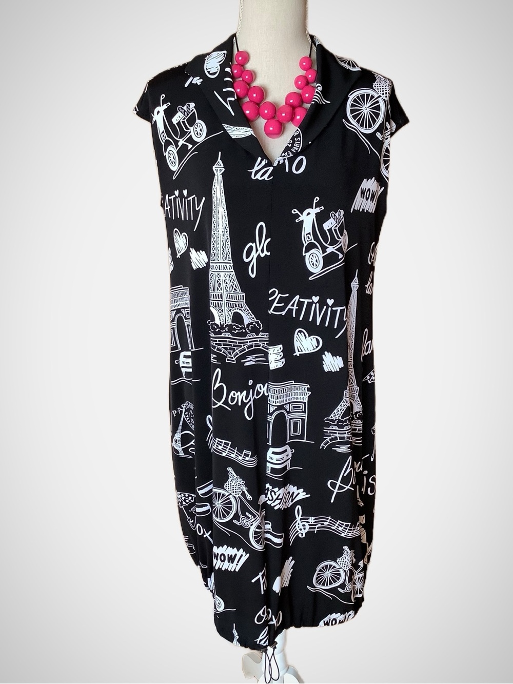 Joseph Ribkoff Paris Sketch Print Drawstring Mini Dress Black Vanilla 6